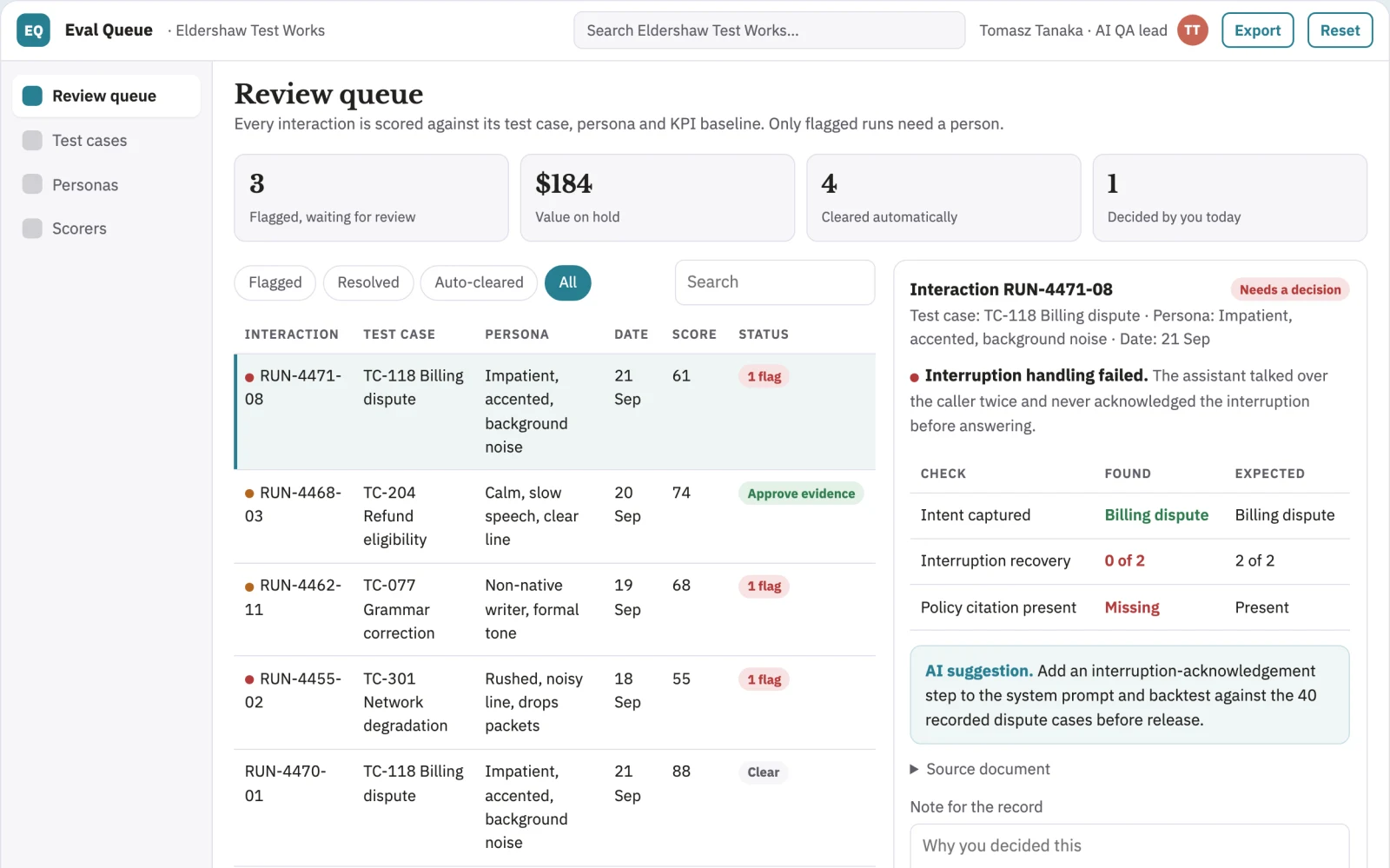 Screenshot of the AI interaction evidence review and QA workspace interactive demo