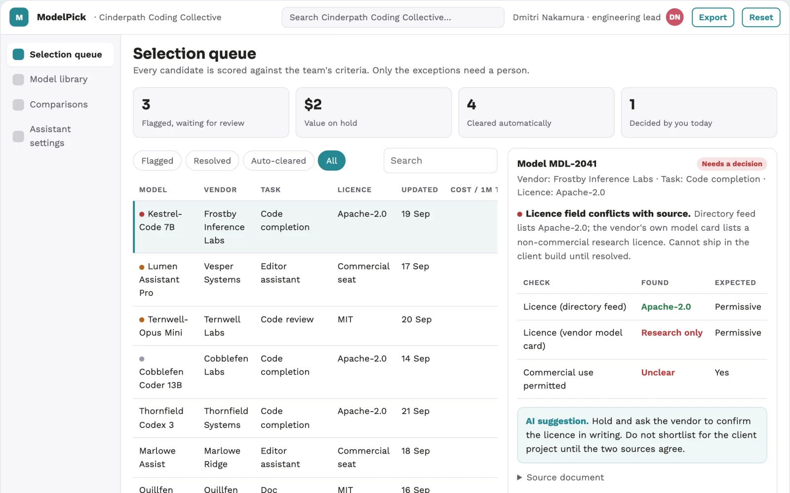 Screenshot of the AI model and coding assistant selection library interactive demo