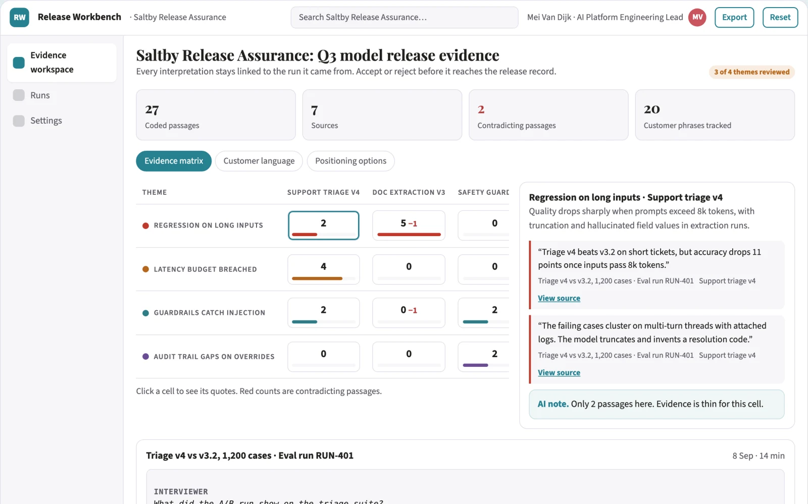 Screenshot of the AI model test and monitoring workbench interactive demo