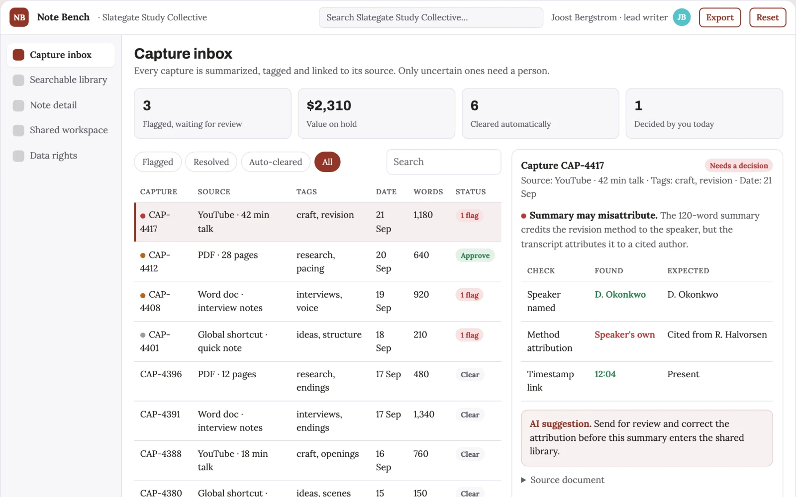 Screenshot of the AI note capture and retrieval workbench interactive demo