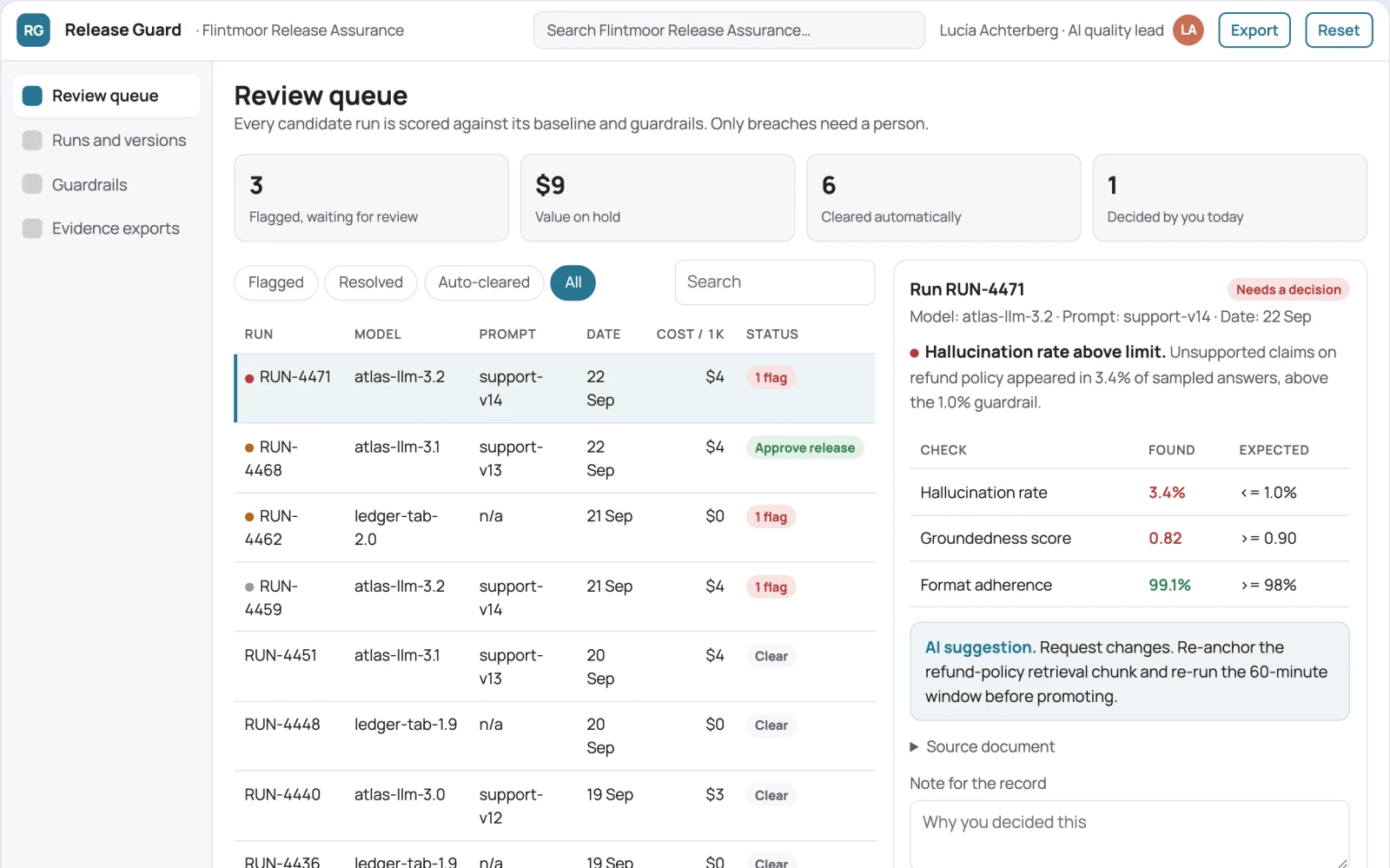 Screenshot of the AI output evidence review and release workspace interactive demo