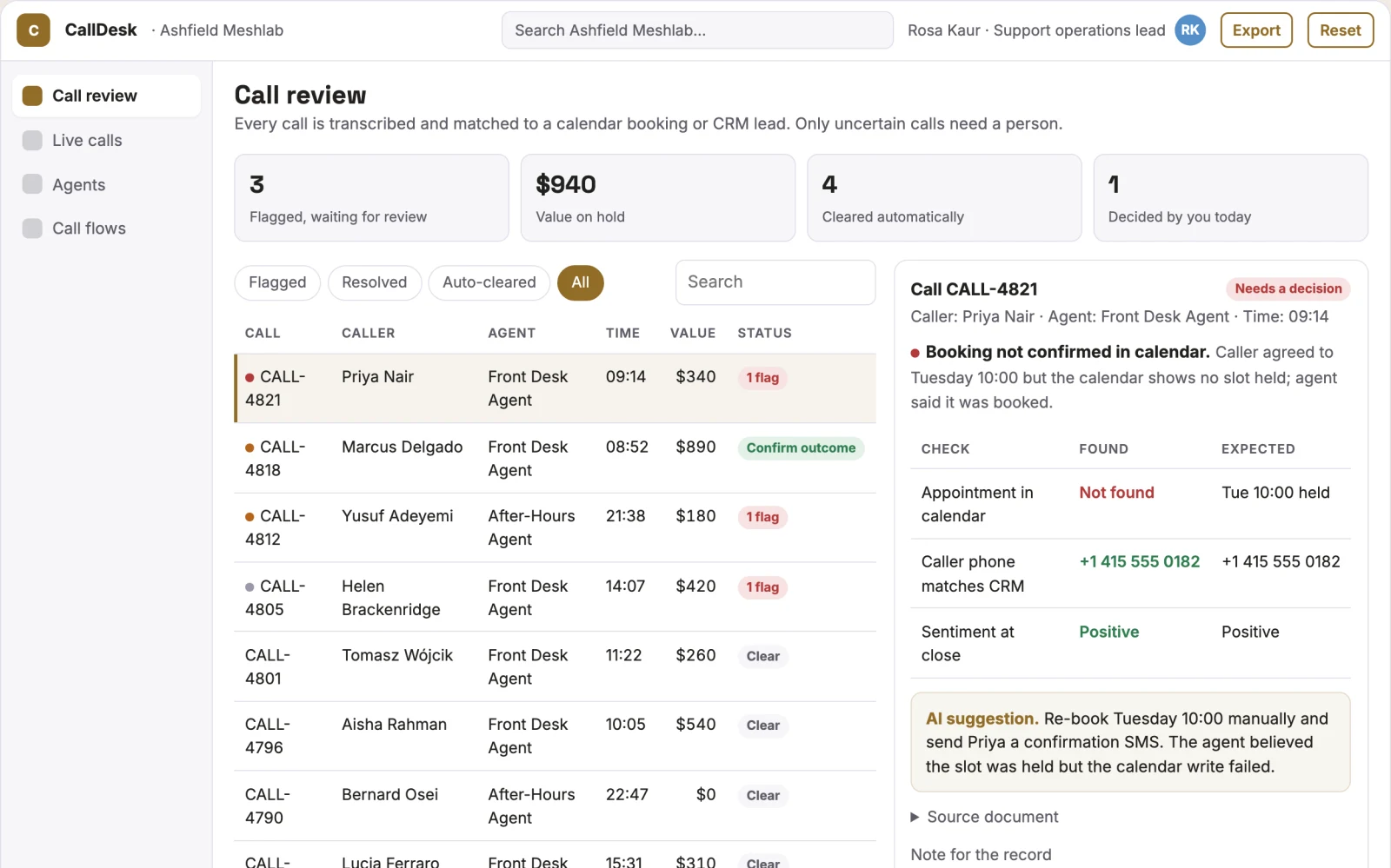 Screenshot of the AI phone answering and call handling portal interactive demo