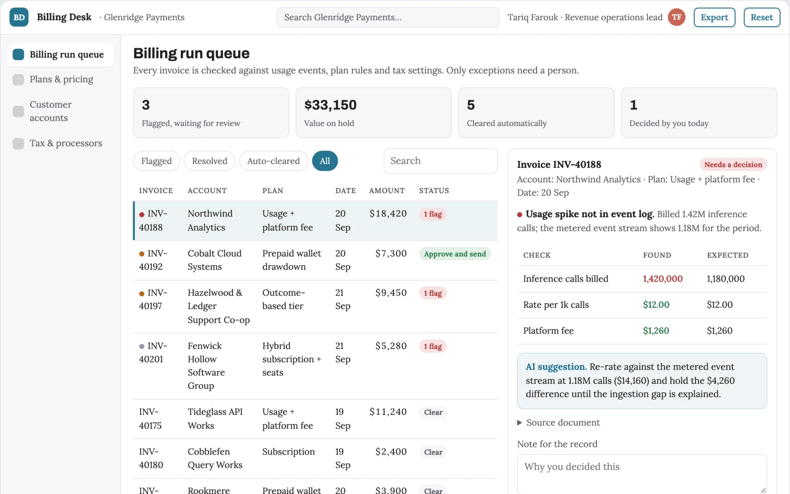 Screenshot of the AI product billing and payments control portal interactive demo