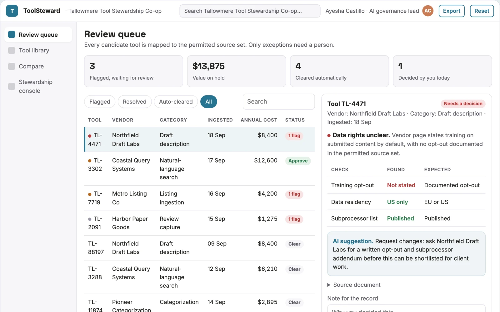 Screenshot of the AI tool comparison and stewardship console interactive demo