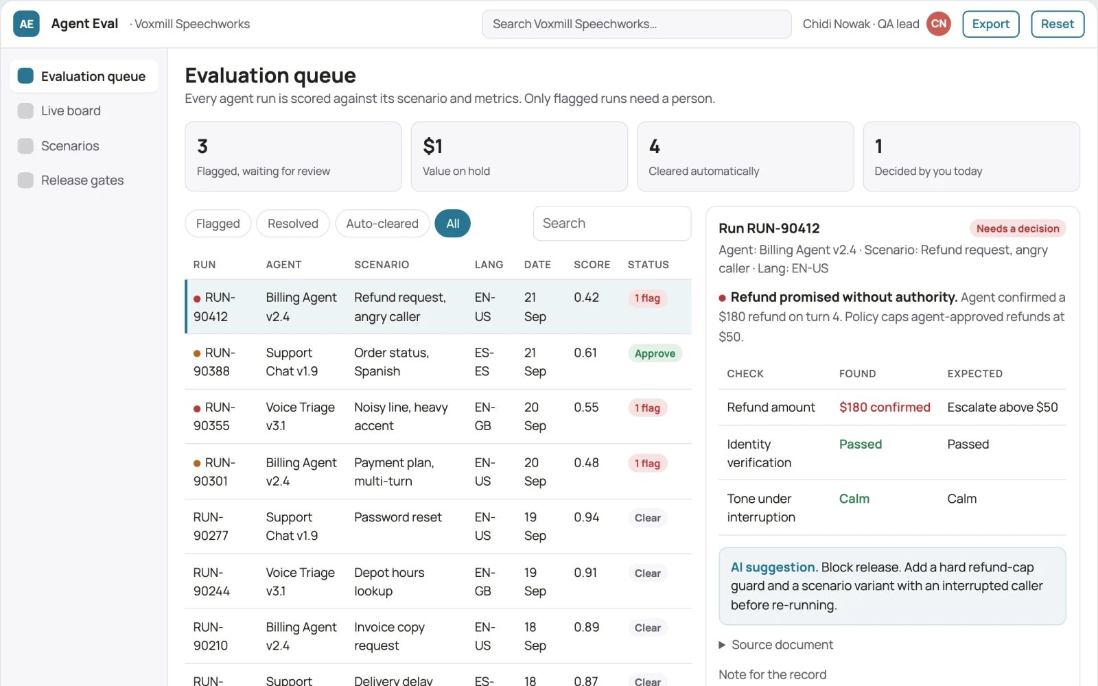Screenshot of the AI voice and chat agent evaluation workspace interactive demo