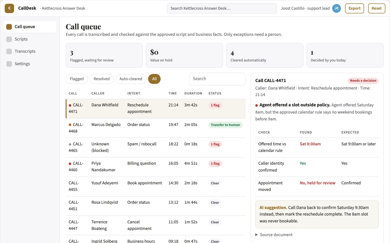 Screenshot of the AI voice call handling and routing desk interactive demo