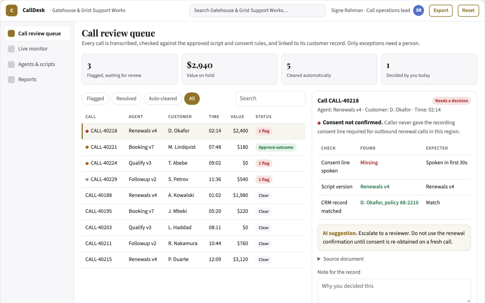 Screenshot of the AI voice call operations portal interactive demo