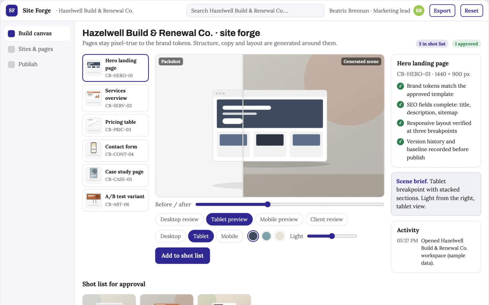 Screenshot of the AI website build and publish workbench interactive demo