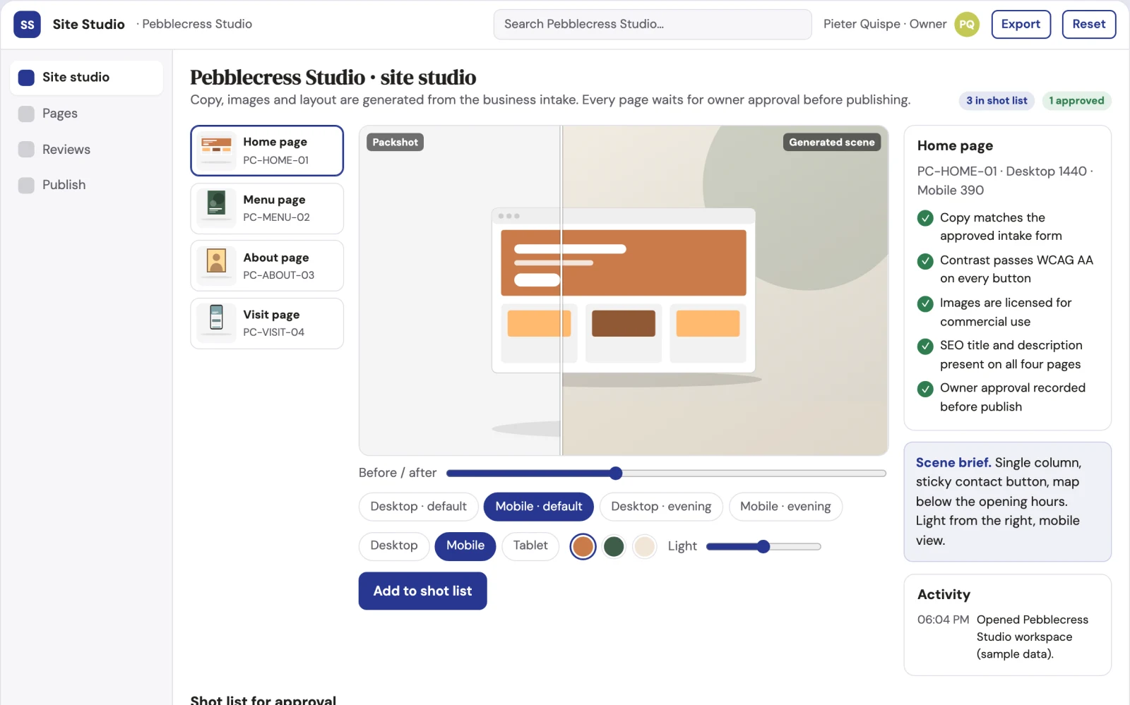 Screenshot of the AI website builder with managed review interactive demo