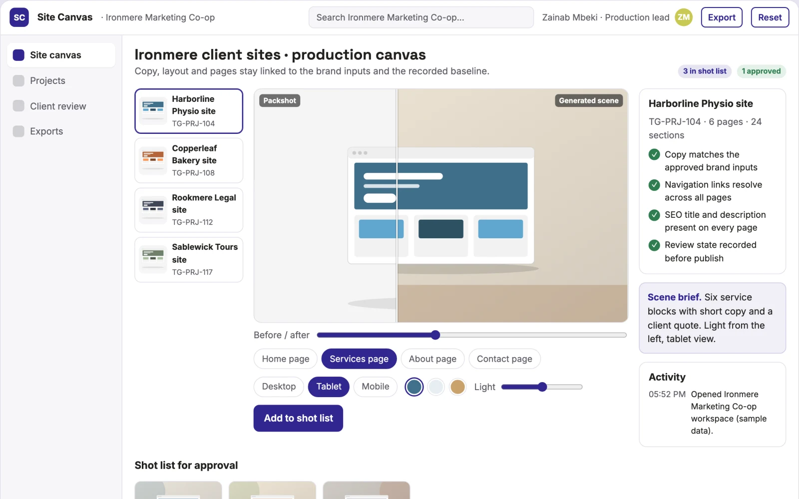 Screenshot of the AI website content, design and page production platform interactive demo
