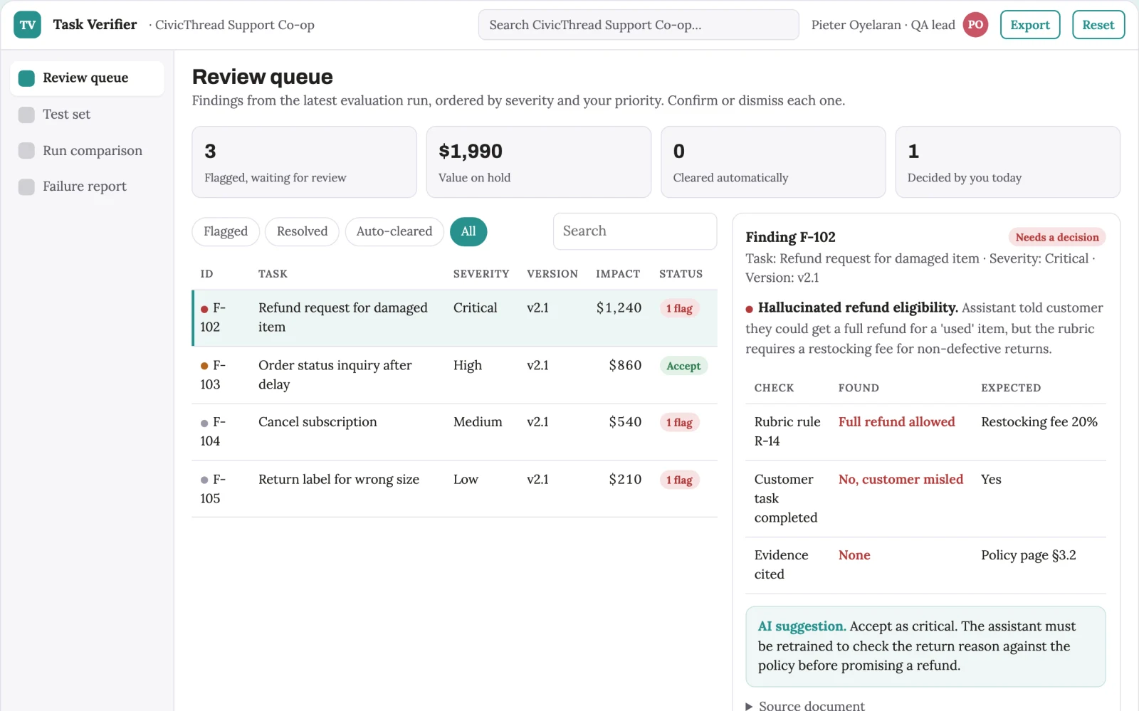 Demo screen of AI workflow evaluation service