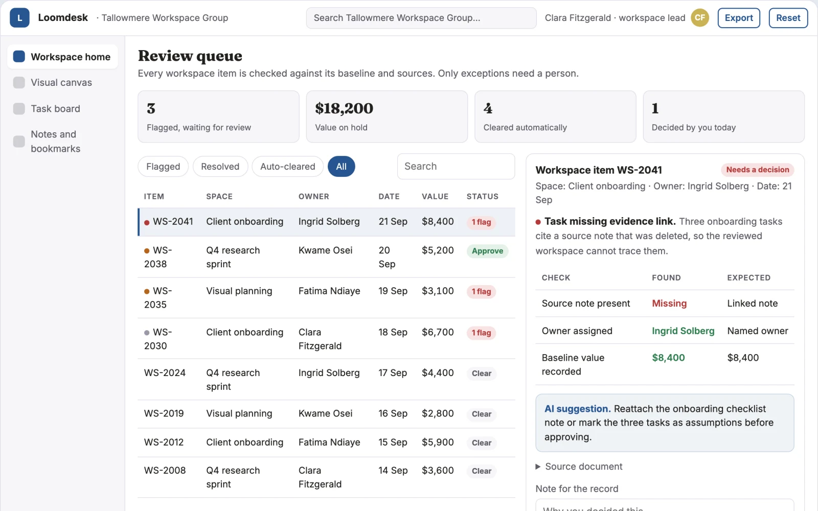 Screenshot of the AI workspace for tasks, notes and visual planning interactive demo