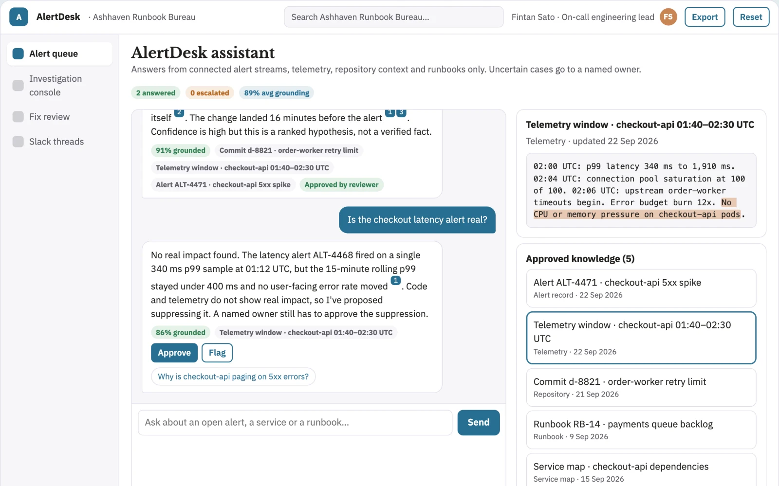 Screenshot of the Alert investigation and fix console interactive demo