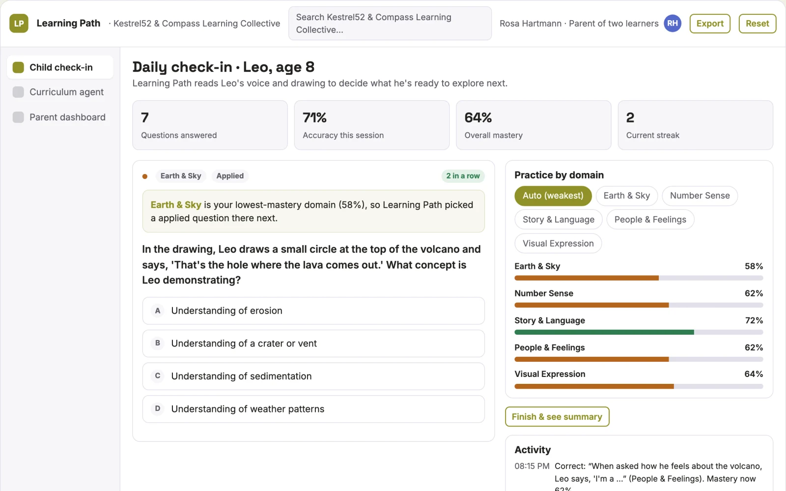 Demo screen of Personalised Adaptive Learning Pathway