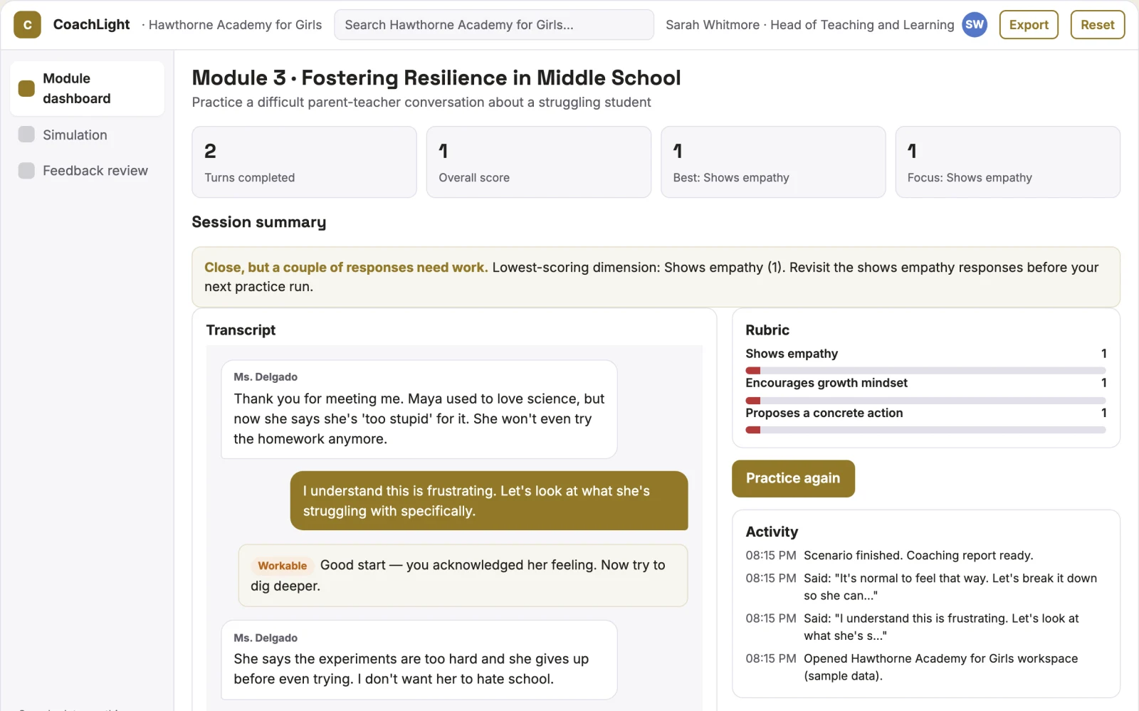 Demo screen of AI Faculty Coach