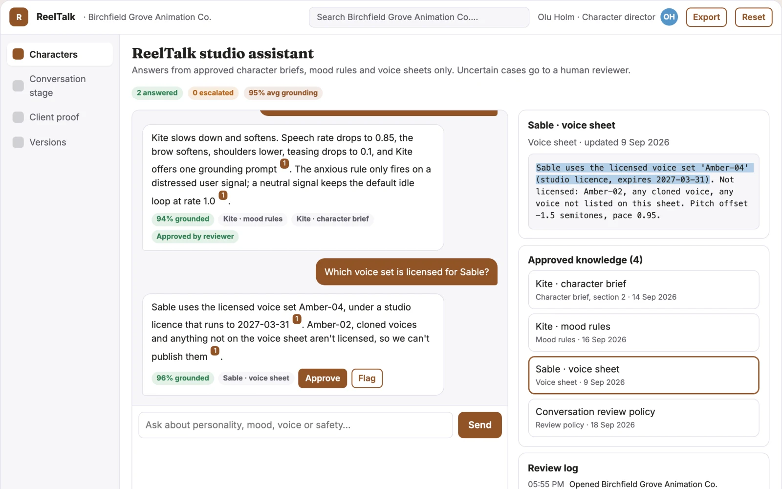 Screenshot of the Animated character conversation studio interactive demo