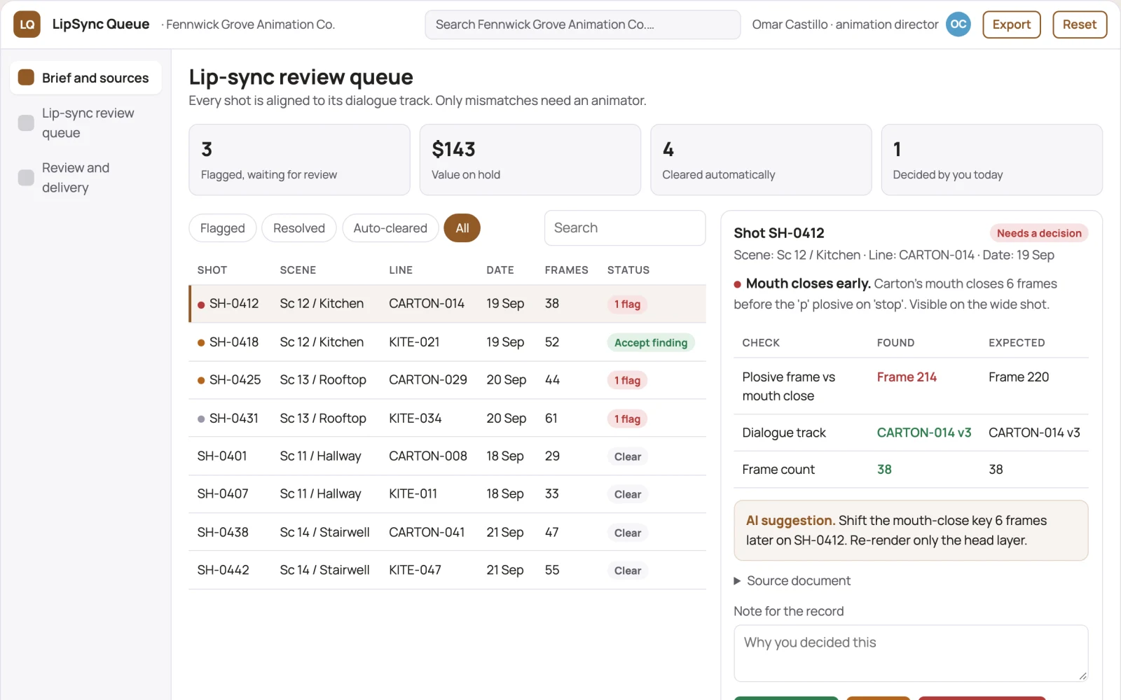 Screenshot of the Animation lip-sync review queue interactive demo