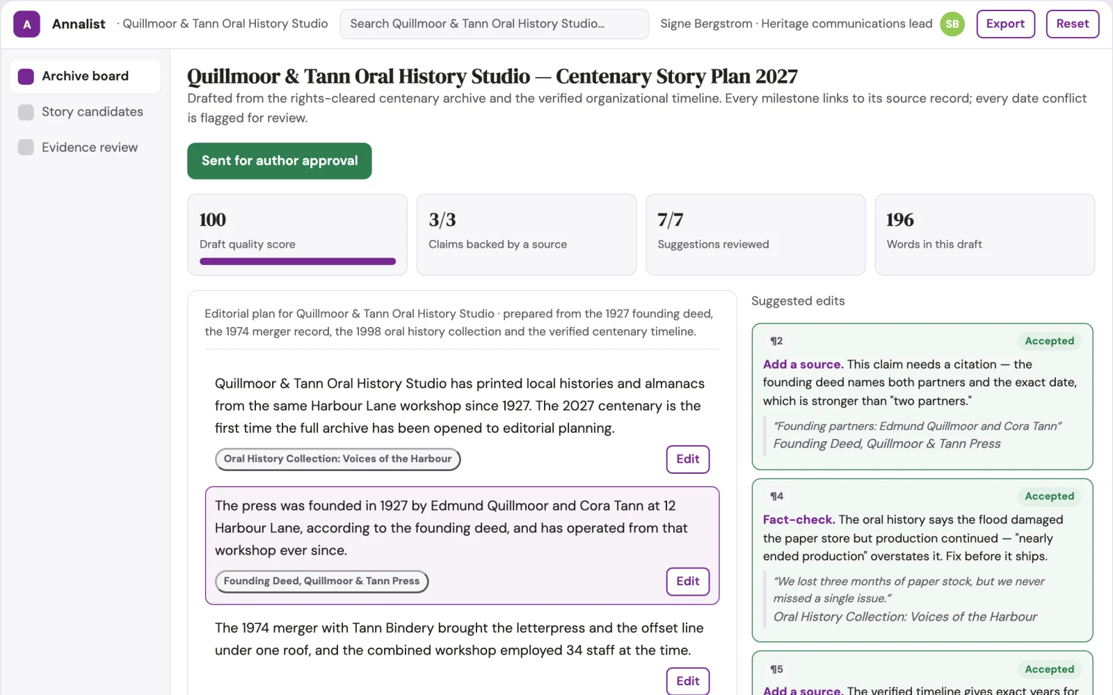 Screenshot of the Anniversary archive story planner interactive demo
