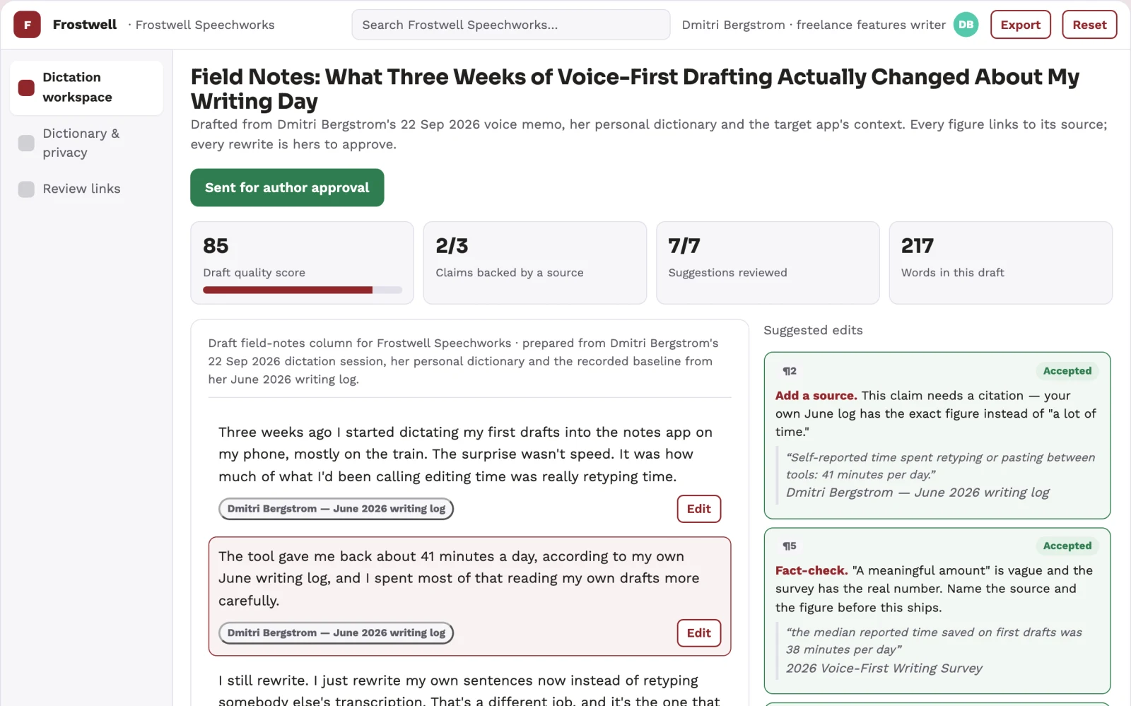 Screenshot of the Any-app voice dictation and editing workspace interactive demo