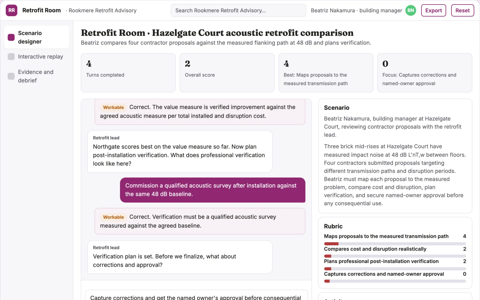 Screenshot of the Apartment acoustic retrofit comparison room interactive demo