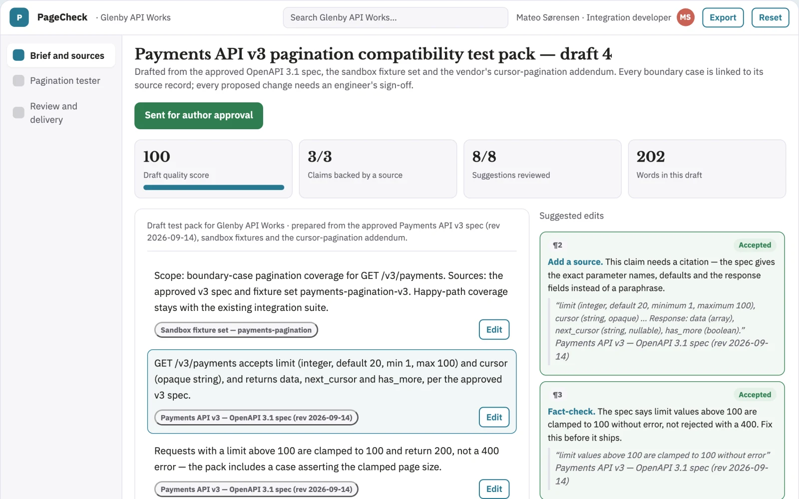 Screenshot of the API pagination compatibility tester interactive demo