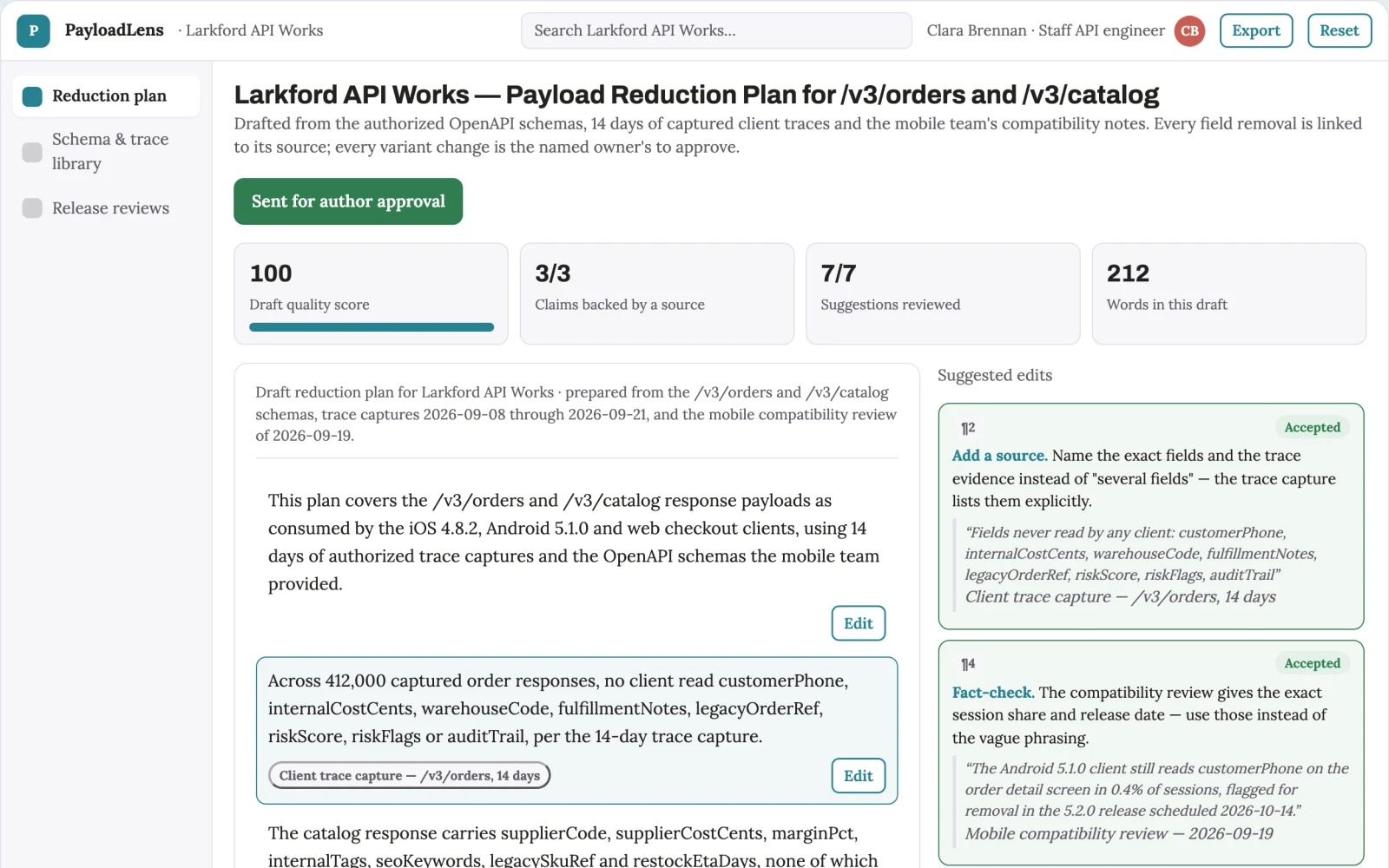 Screenshot of the API payload minimization service interactive demo
