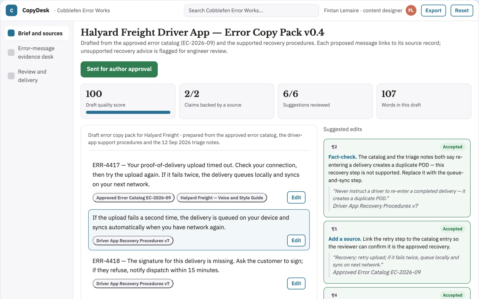 Screenshot of the Application error-message evidence desk interactive demo
