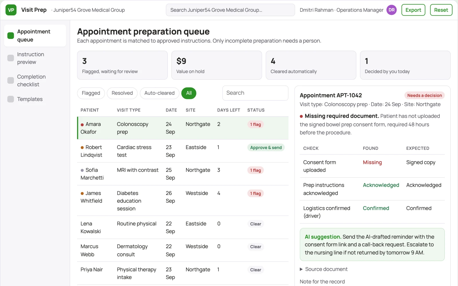 Demo screen of Appointment preparation service