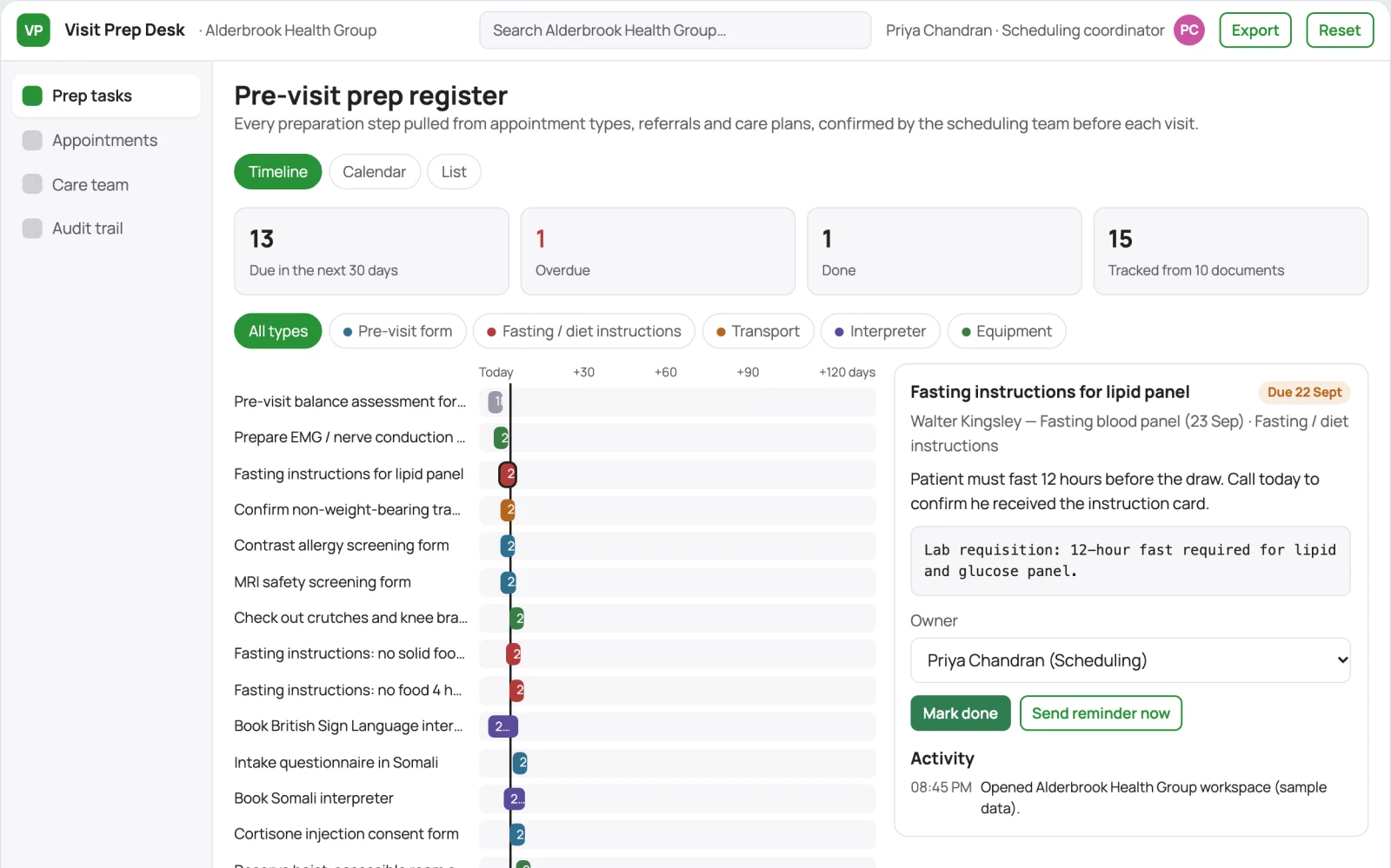 Demo screen of Appointment scheduling coordinator