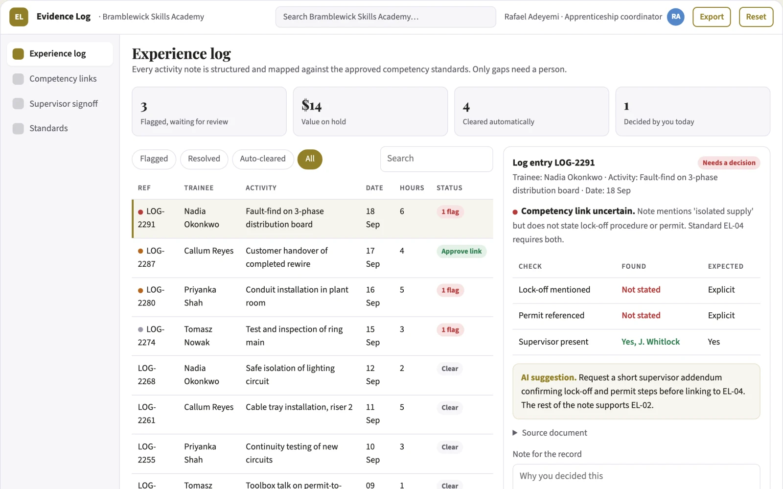 Screenshot of the Apprenticeship evidence logbook interactive demo