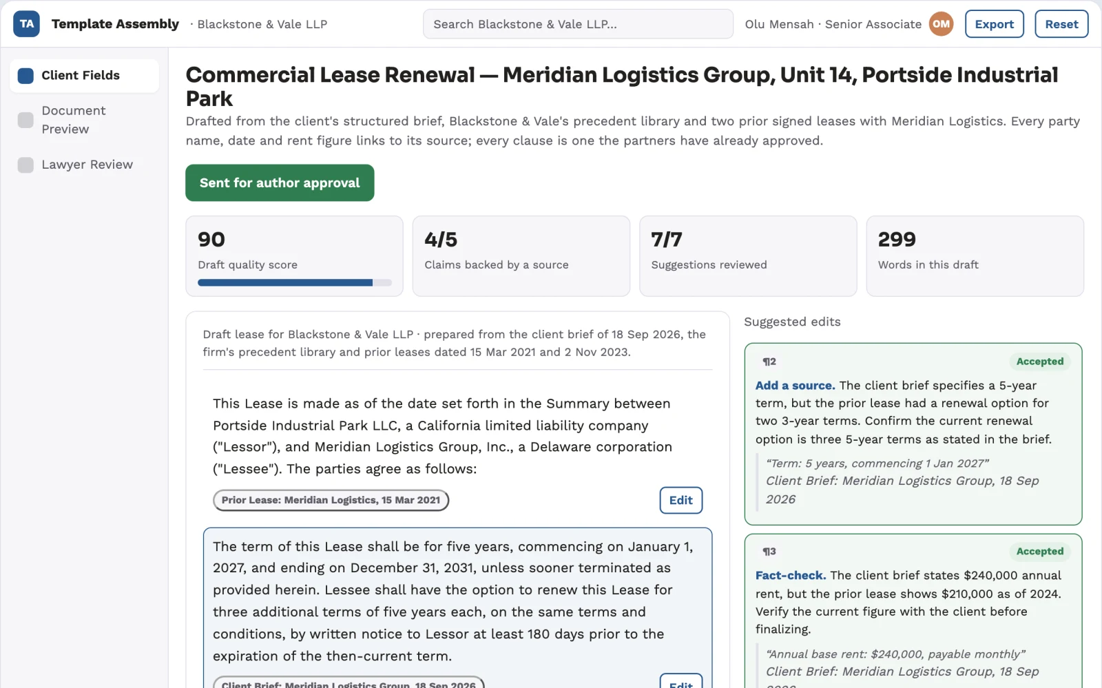 Screenshot of the Approved template assembly interactive demo