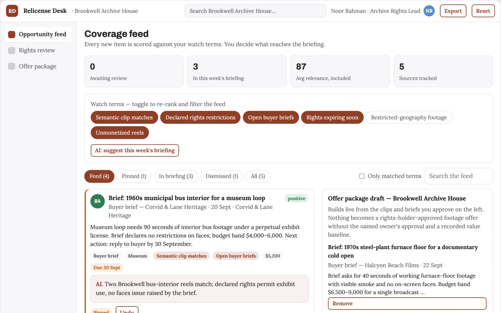 Screenshot of the Archive footage relicensing exchange interactive demo