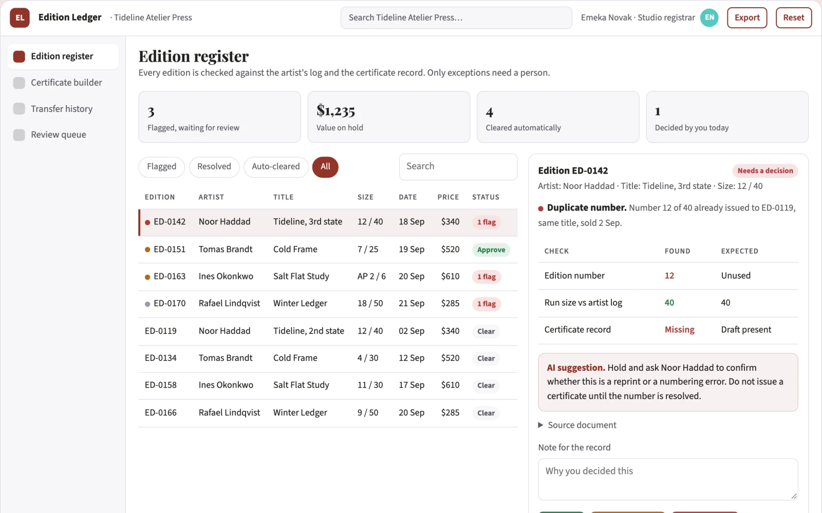 Screenshot of the Art edition provenance portal interactive demo