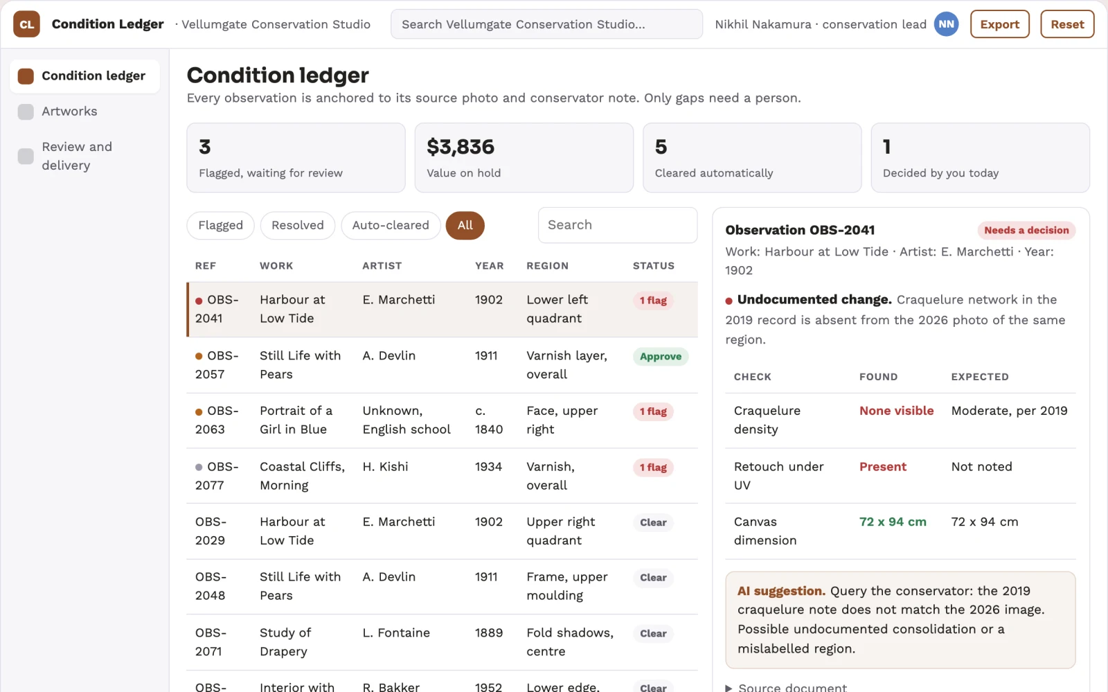Screenshot of the Art restoration condition-note organizer interactive demo