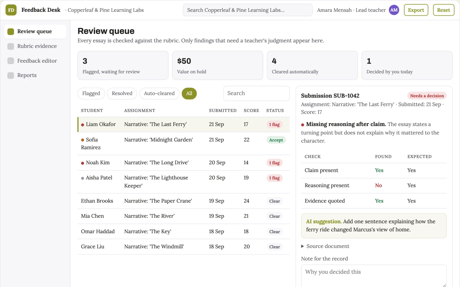 Screenshot of the Assessment feedback assistant interactive demo