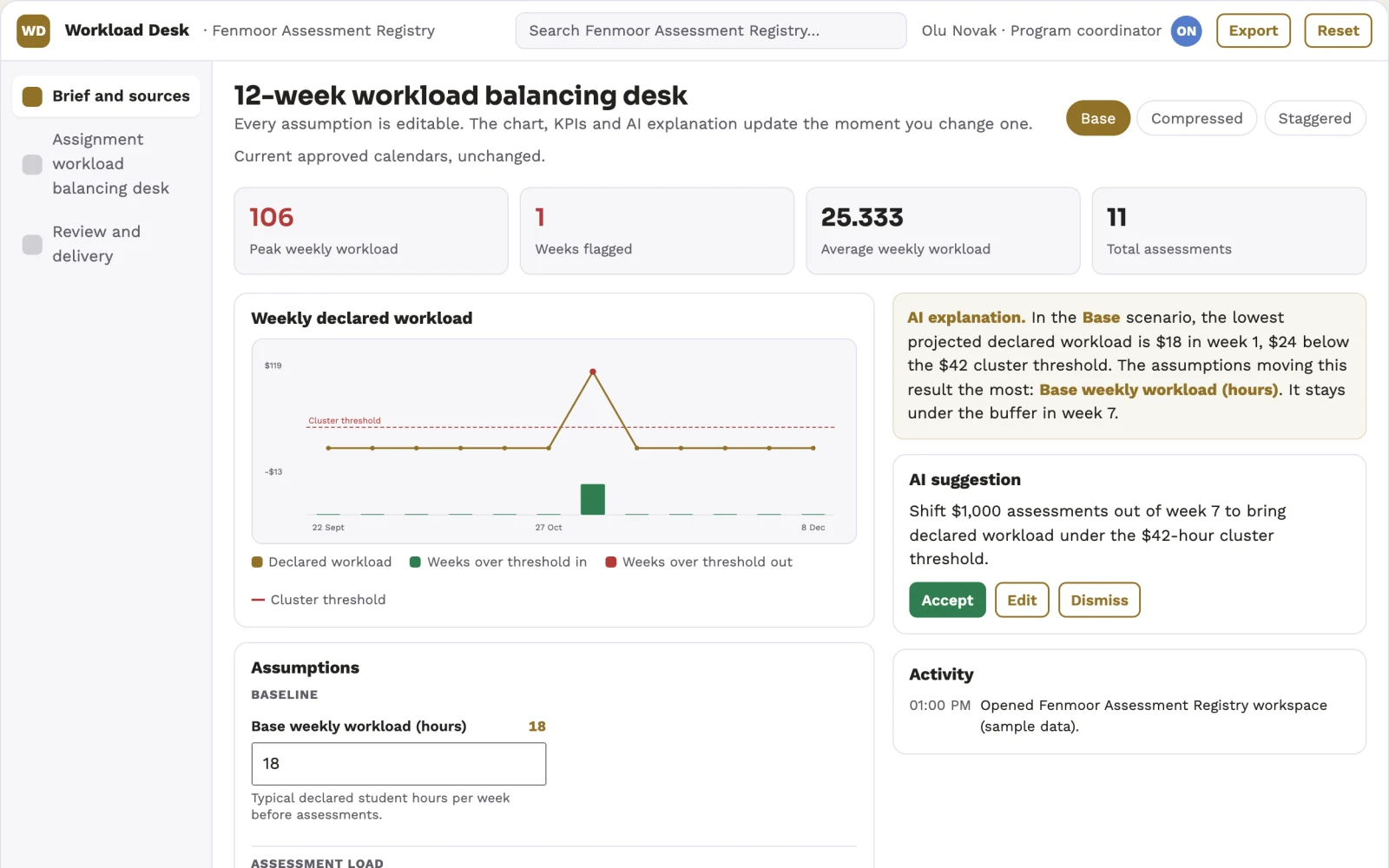 Screenshot of the Assignment workload balancing desk interactive demo