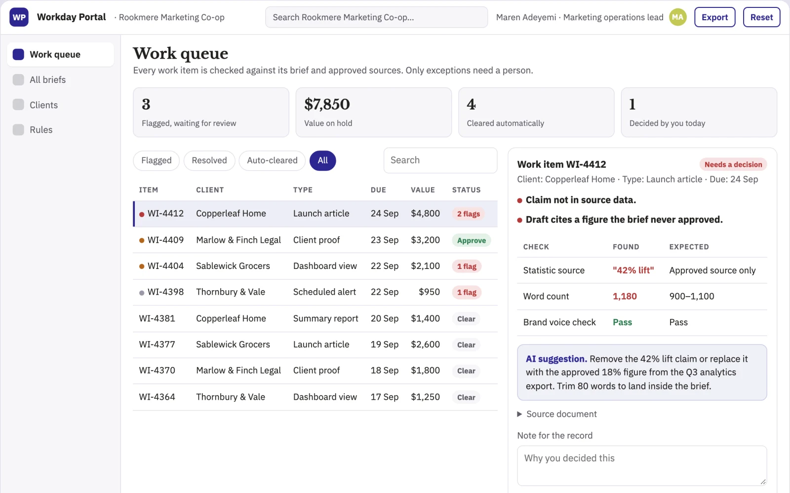 Screenshot of the Assisted workday coordination portal interactive demo