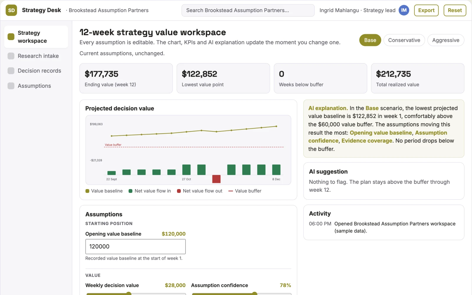 Screenshot of the Assumption-driven market strategy decision workspace interactive demo