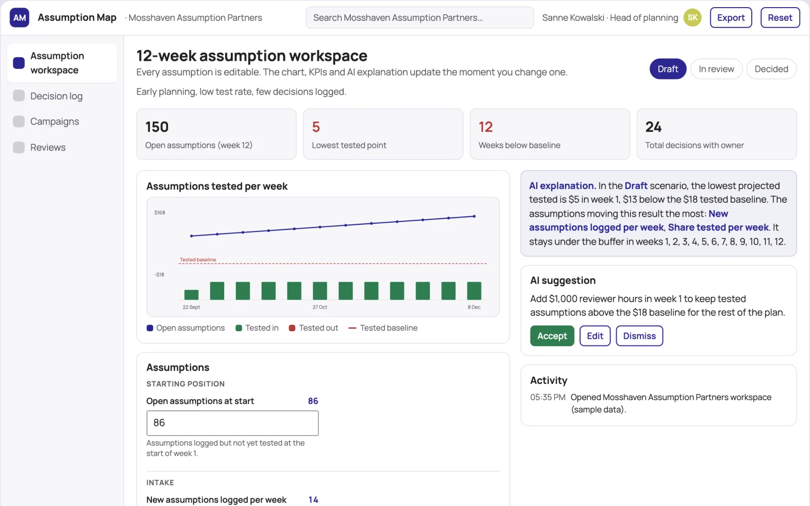 Screenshot of the Assumption-driven planning and decision workspace interactive demo