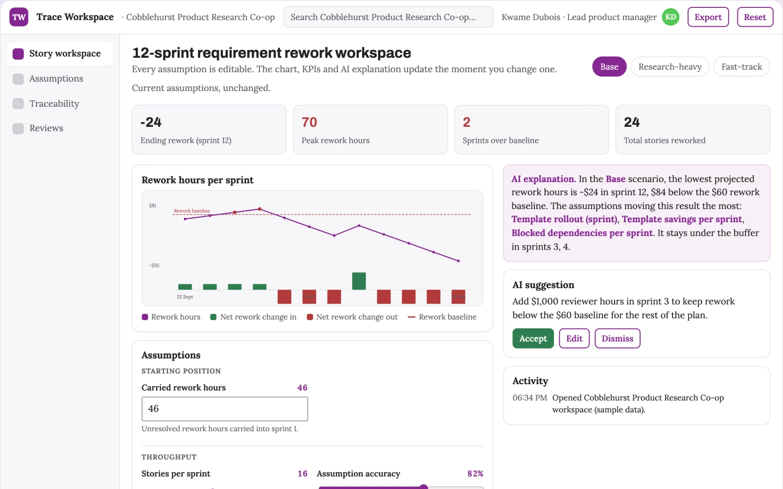 Screenshot of the Assumption-driven product requirements and story workspace interactive demo