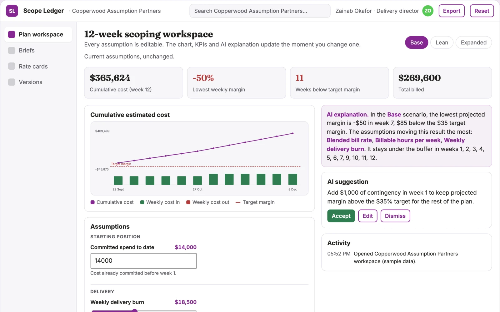 Screenshot of the Assumption-driven project plan and cost workspace interactive demo