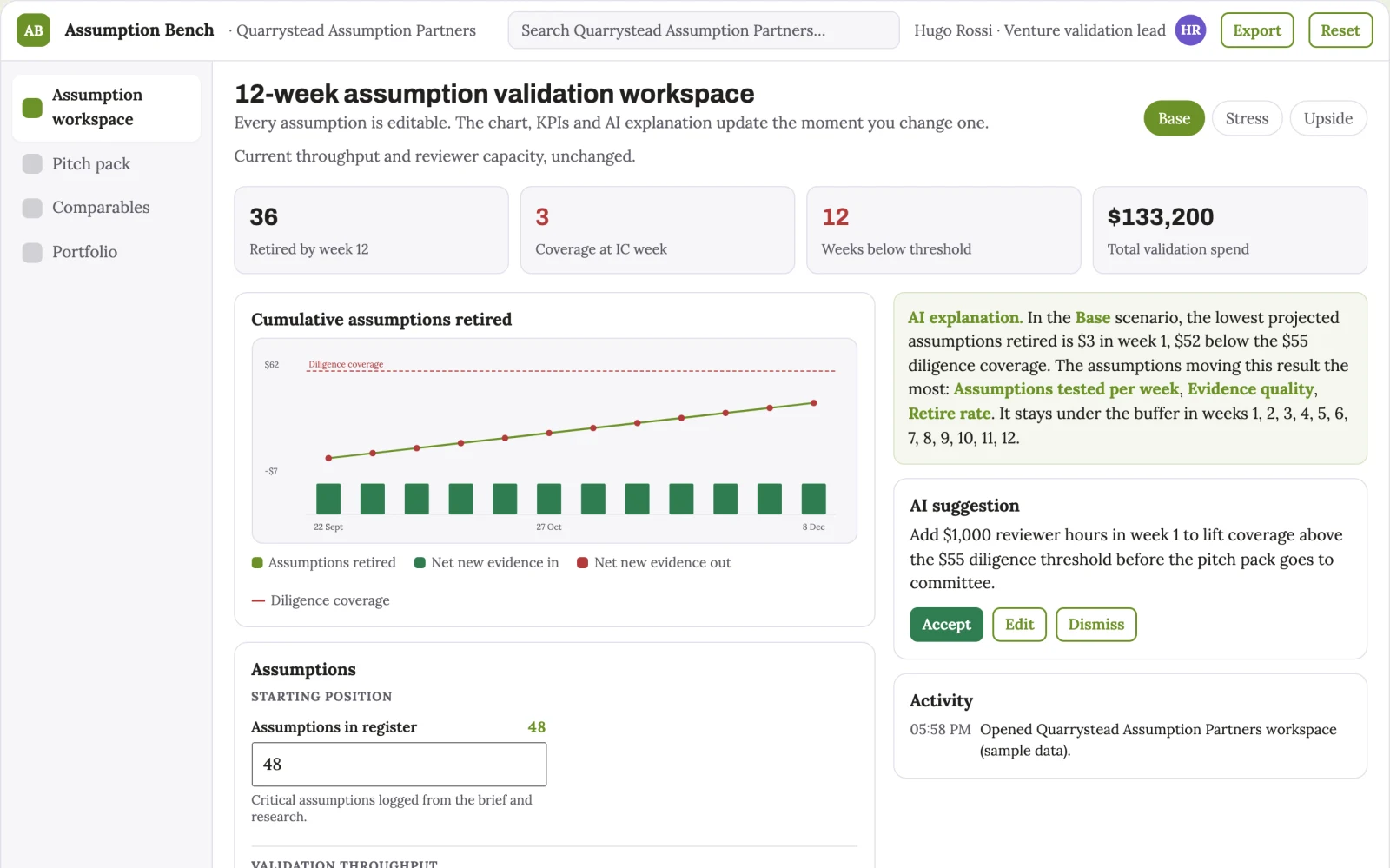 Screenshot of the Assumption-driven venture validation and pitch workbench interactive demo