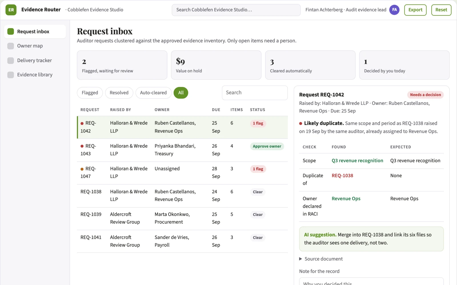 Screenshot of the Audit request evidence router interactive demo
