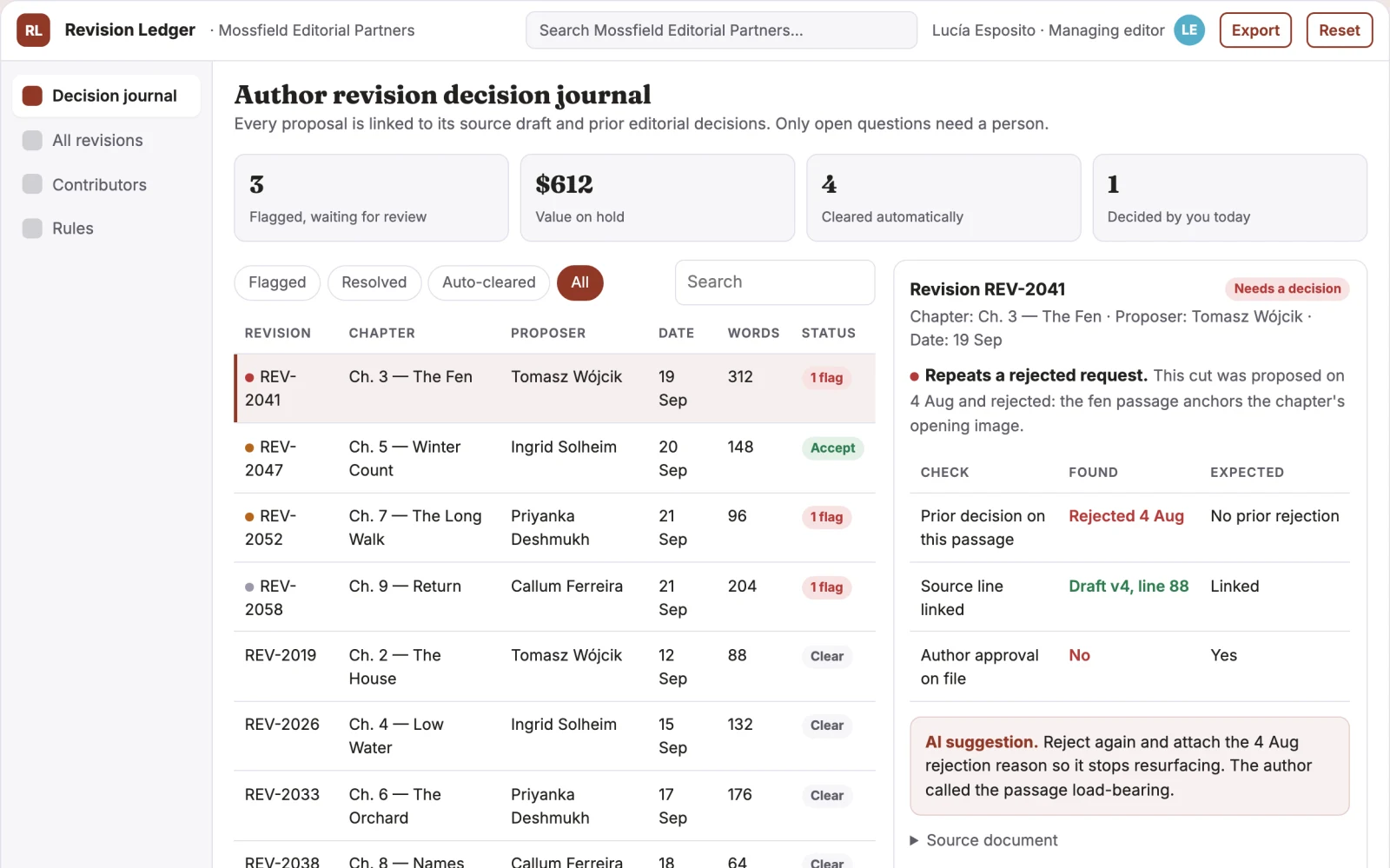 Screenshot of the Author revision decision journal interactive demo