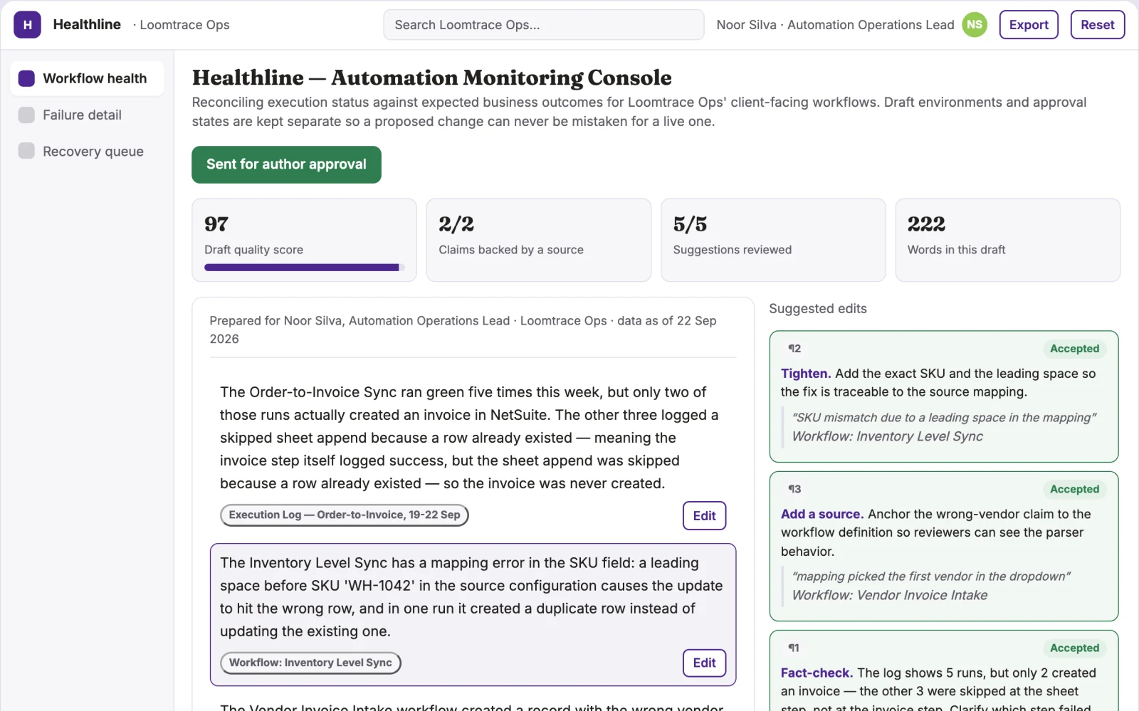 Demo screen of Automation monitoring subscription
