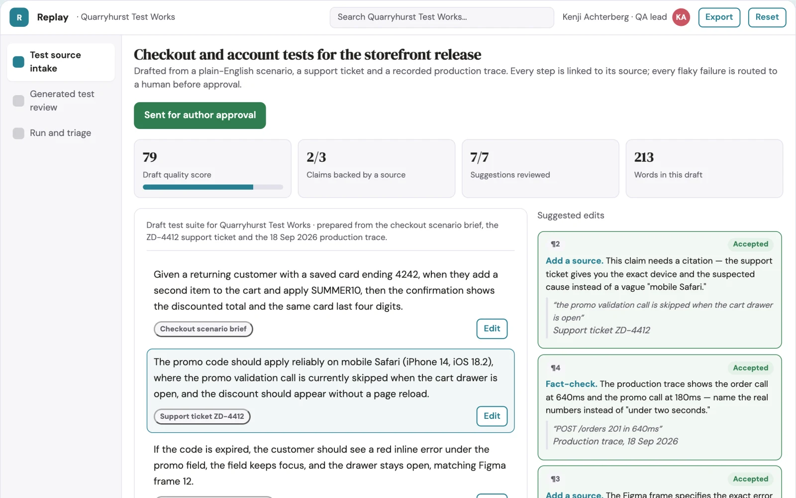 Screenshot of the Autonomous user-behavior test generation and replay workspace interactive demo