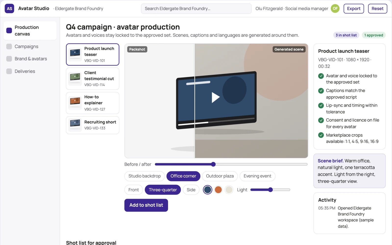 Screenshot of the Avatar video marketing production workbench interactive demo
