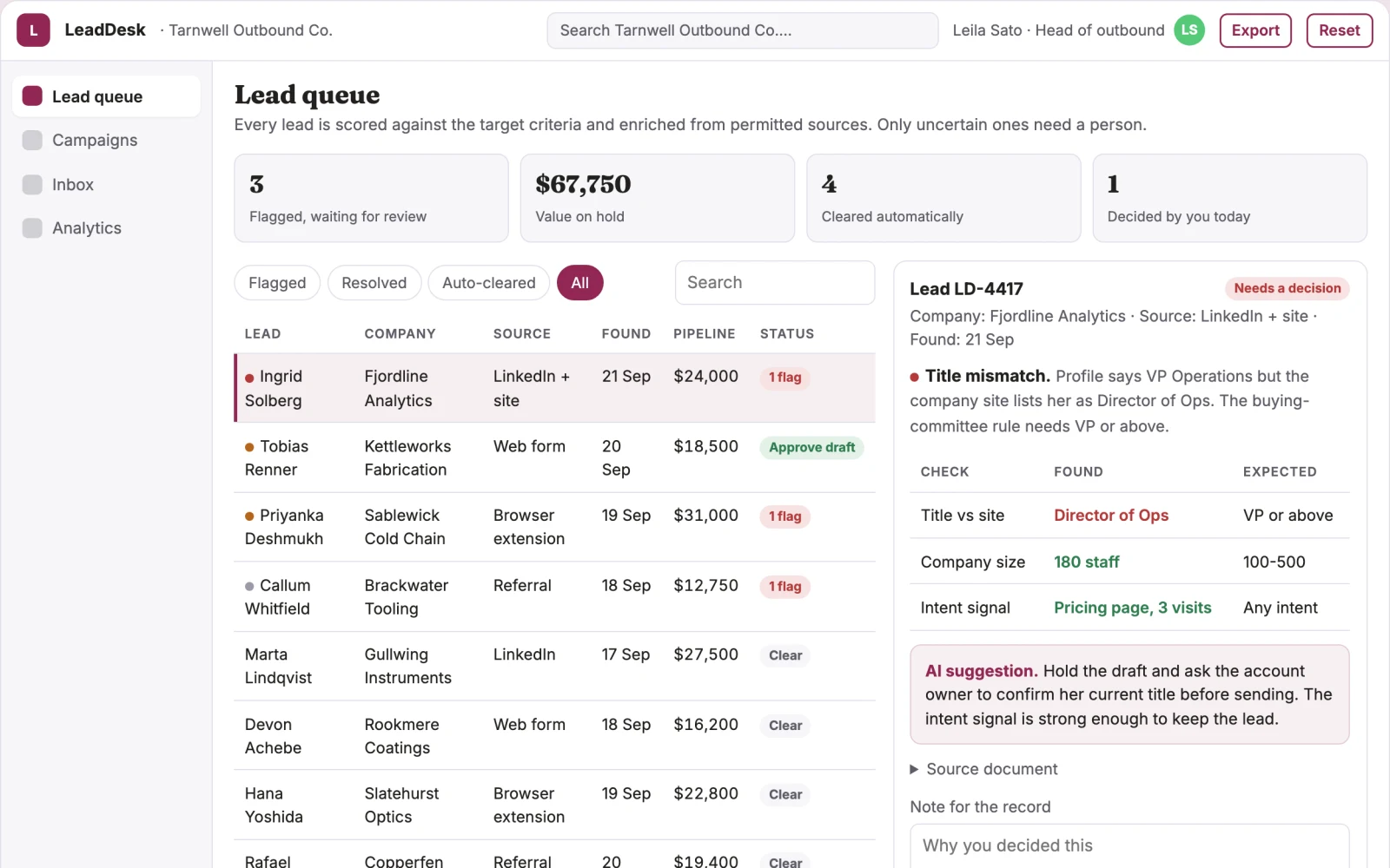 Screenshot of the B2B outreach lead sourcing and follow-up portal interactive demo