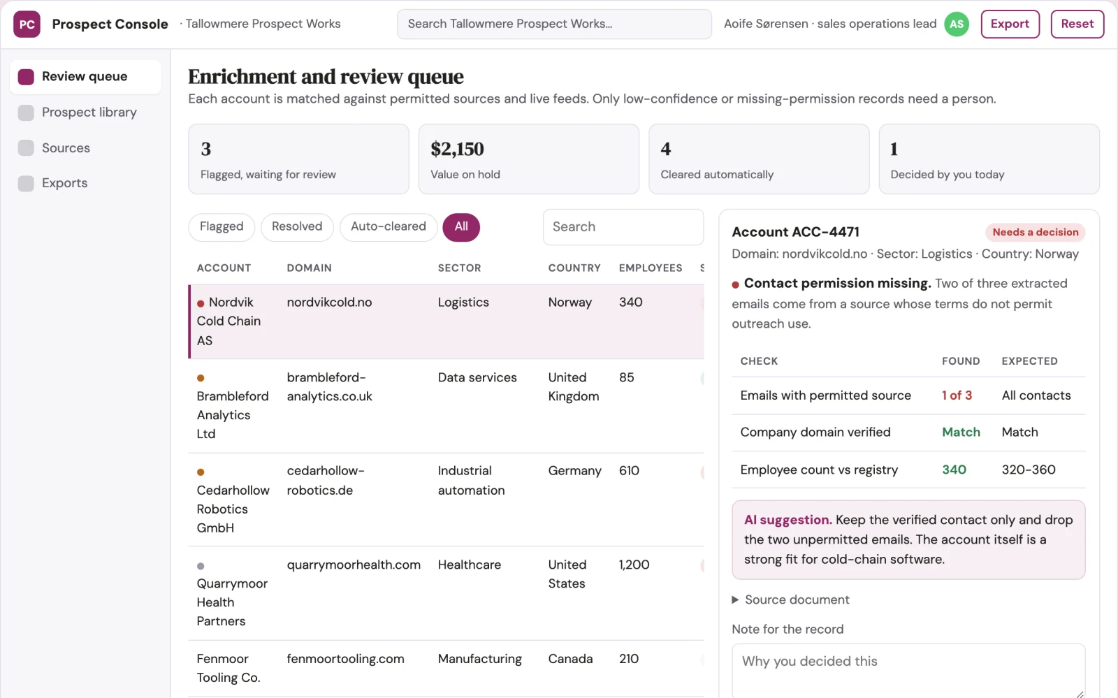 Screenshot of the B2B prospect data sourcing and enrichment console interactive demo