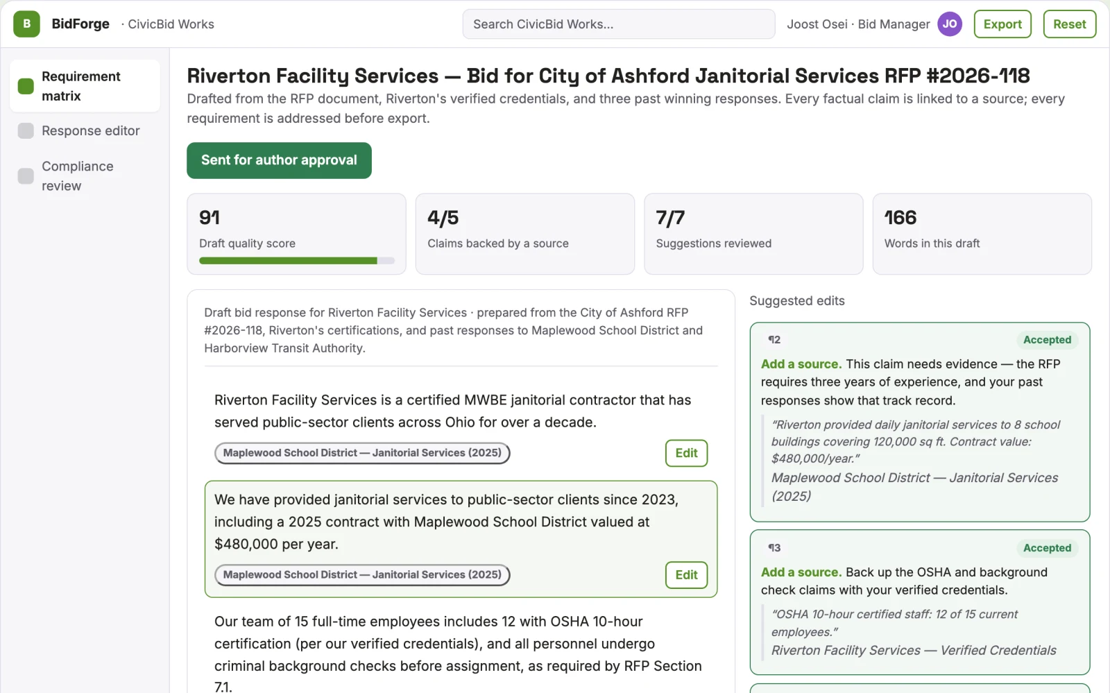 Screenshot of the Bid preparation service interactive demo